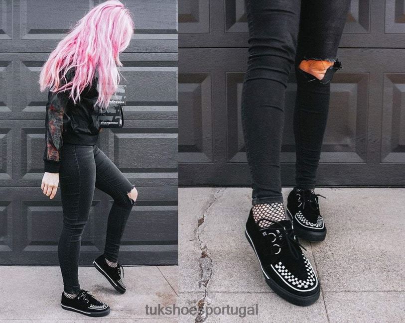 Preto branco calçados J6V0X242 tênis entrelaçado de camurça mulheres T.U.K. Footwear